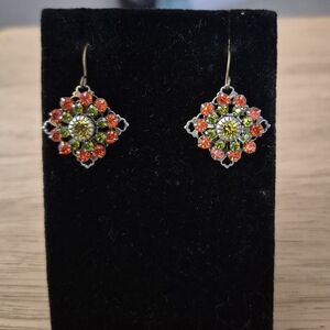 Vintage Filigree  Earrings With Green, Orange  And Yellow Rhinestone